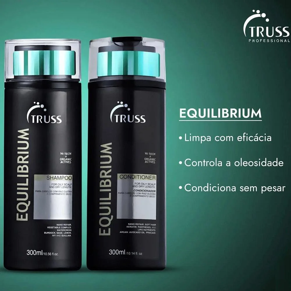 Detalhe das embalagens Truss Equilibrium 300ml com design preto e tampa translúcida azul