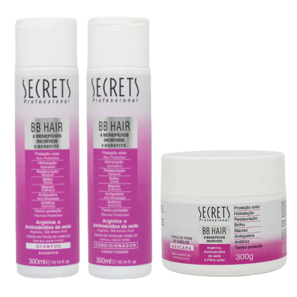 Kit Secrets BB Hair: shampoo, condicionador 300ml e máscara 300g branco e rosa