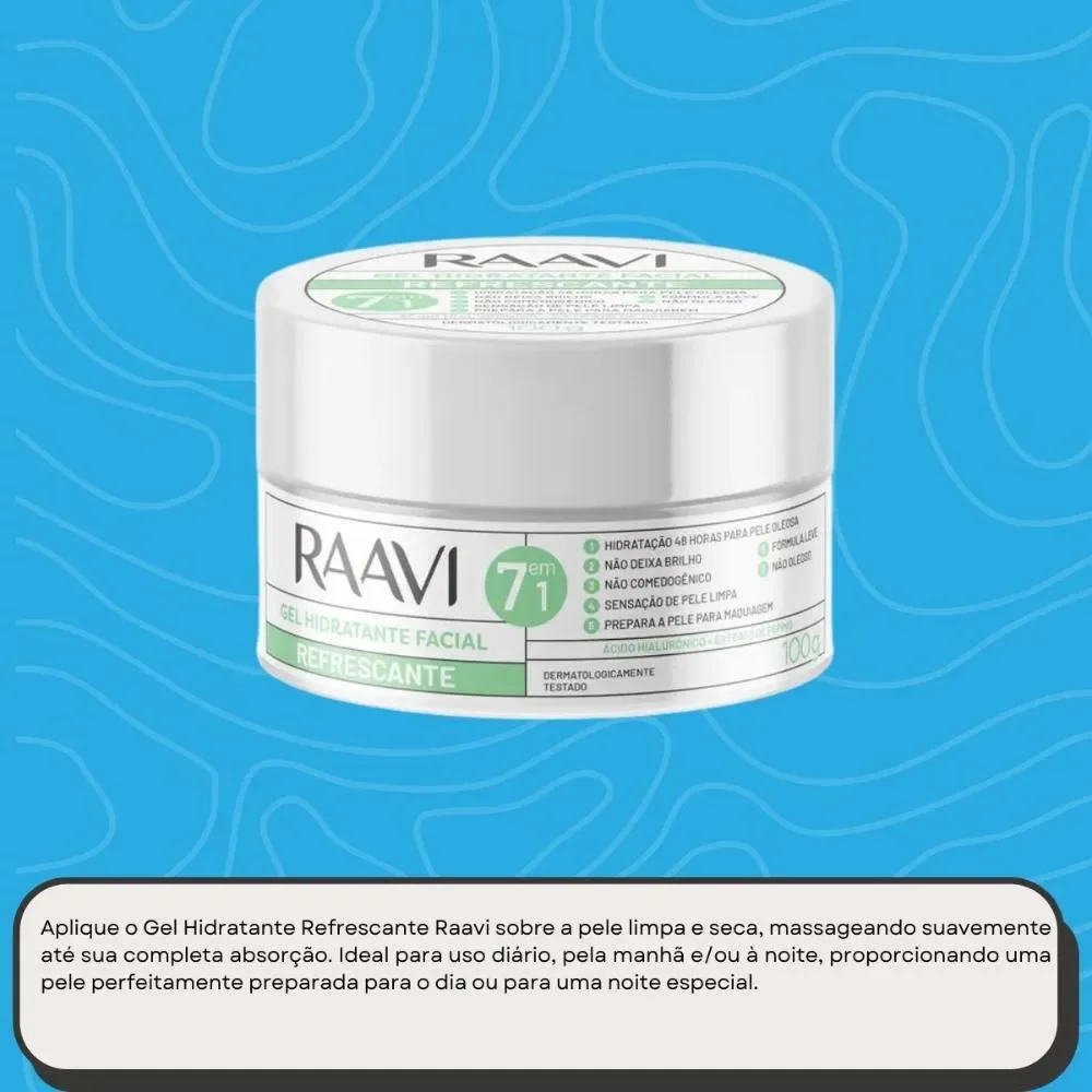 Detalhe do pote do Gel Hidratante Facial Raavi em fundo azul