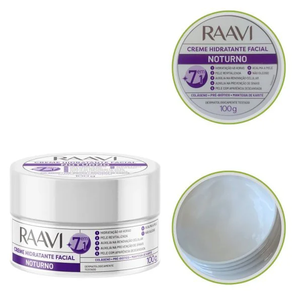Visão lateral e superior do pote de Creme Facial Raavi 100g mostrando o rótulo