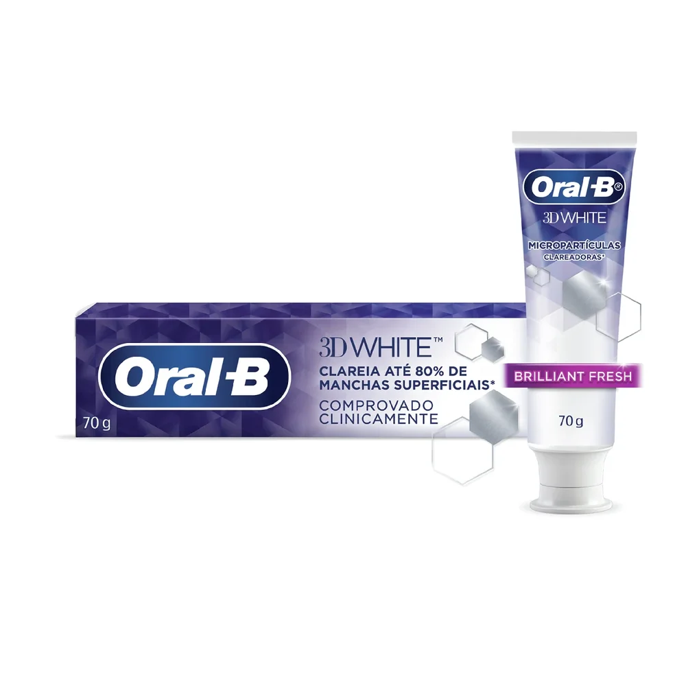 Tubo e caixa do Oral-B 3D White Brilliant Fresh mostrando detalhes da embalagem