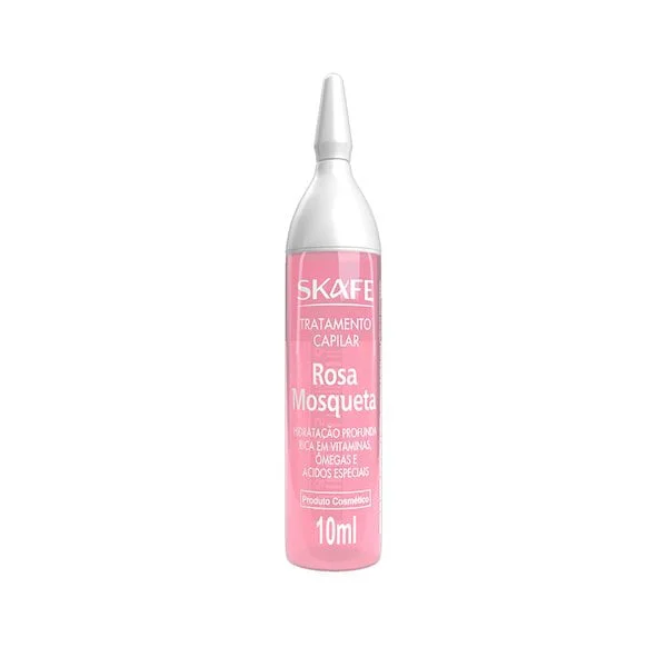 Ampola de Tratamento Capilar Skafe Rosa Mosqueta 10ml em fundo branco, embalagem rosa clara com tampa branca