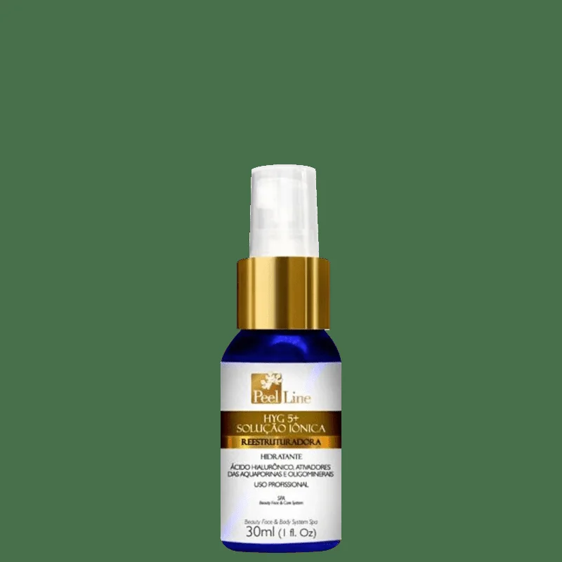 Detalhe do frasco azul com aplicador spray dourado do Creme Peel Line HYG 5+ 30ml