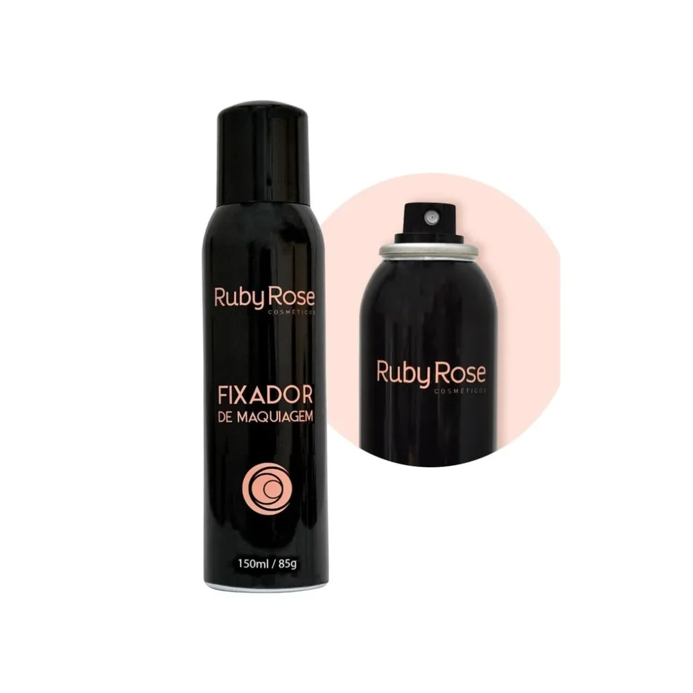 Detalhe do bico do spray fixador Ruby Rose 150ml com destaque no frasco