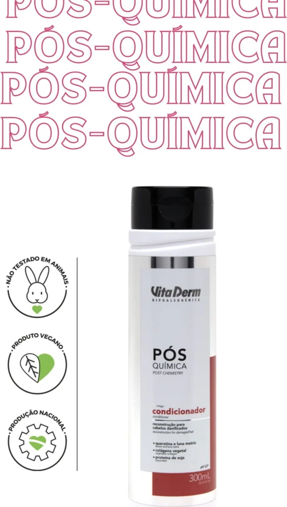 Imagem promocional do Condicionador Vita Derm Pós Química 300ml com destaque para benefícios