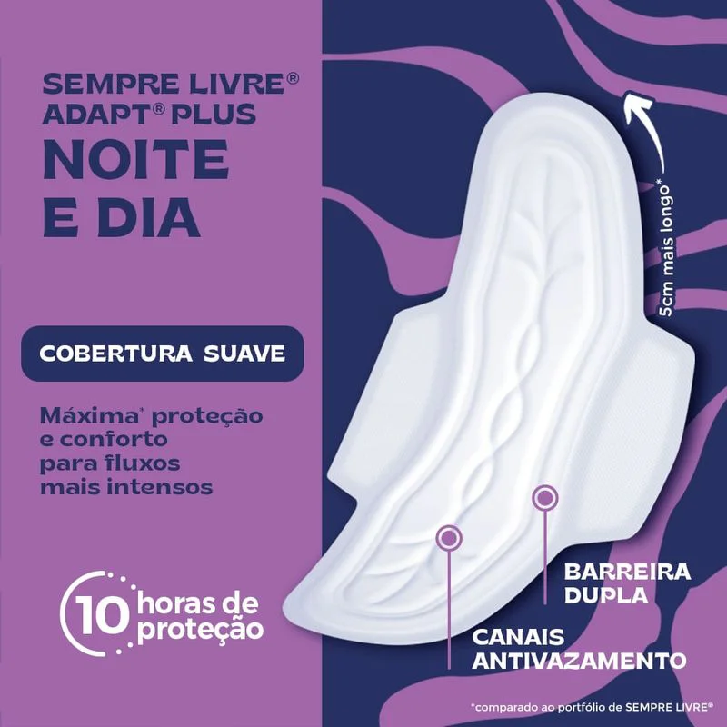 Detalhe do absorvente Sempre Livre Adapt Plus mostrando cobertura suave e canais antivazamento