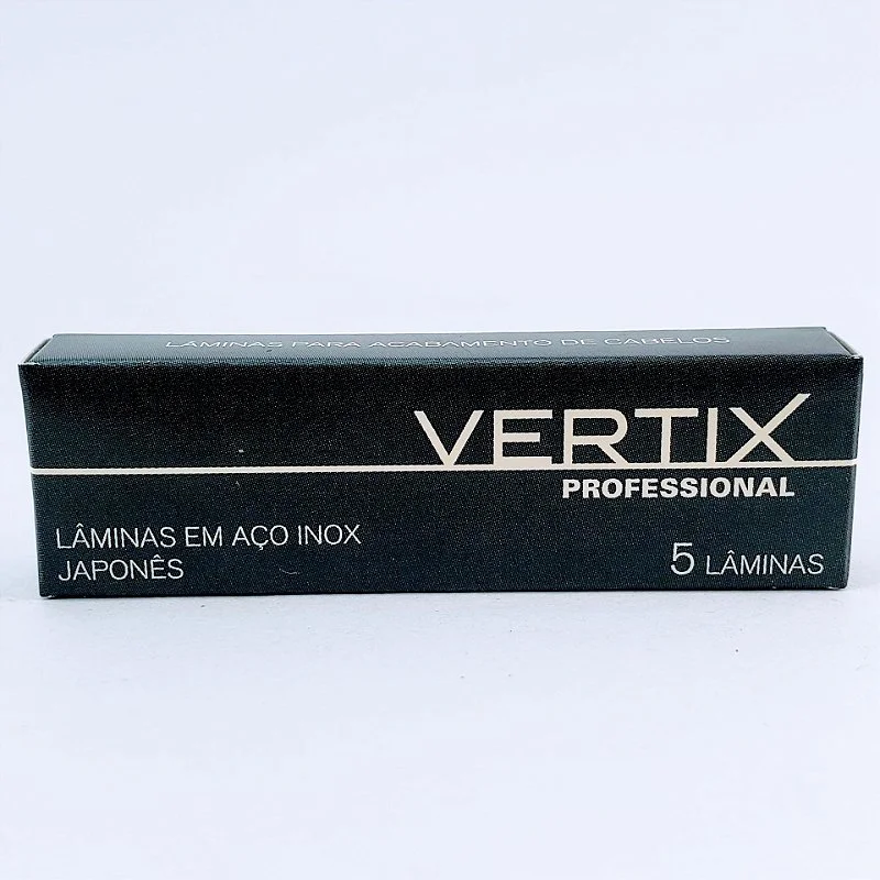 Embalagem preta Vertix Professional indicando 5 lâminas em aço inox japonês