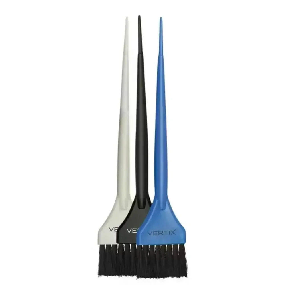 Conjunto de três pincéis para tintura Vertix com cabos branco, preto e azul