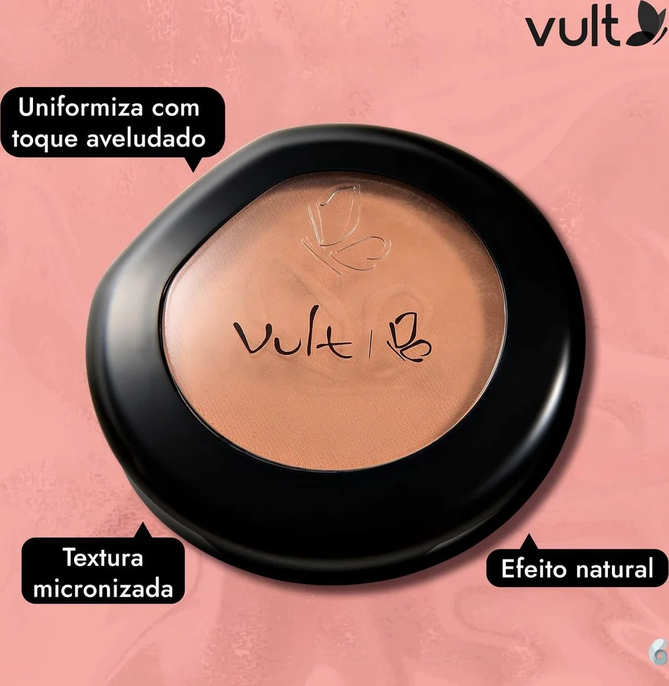 Pó Compacto Vult tom 08 com chamadas de 'Textura micronizada' e 'Efeito natural'