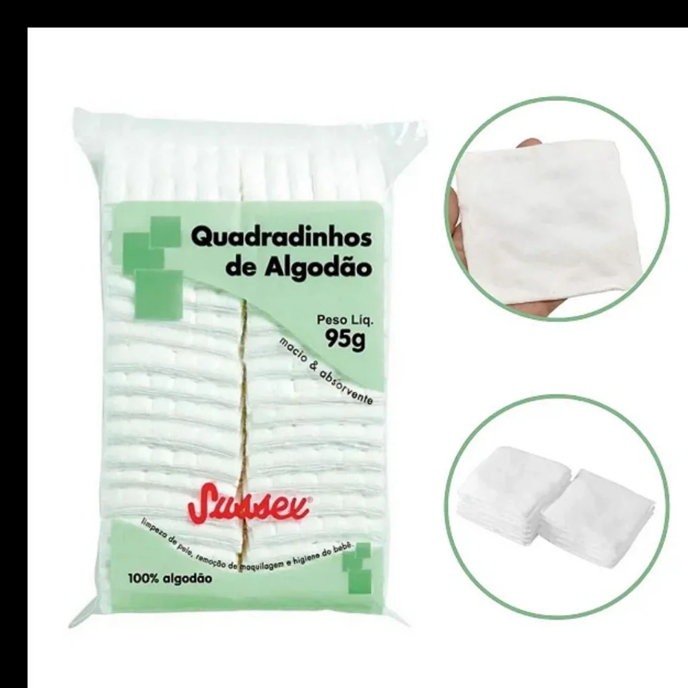 Detalhe da embalagem e uso dos quadradinhos de algodão Sussex