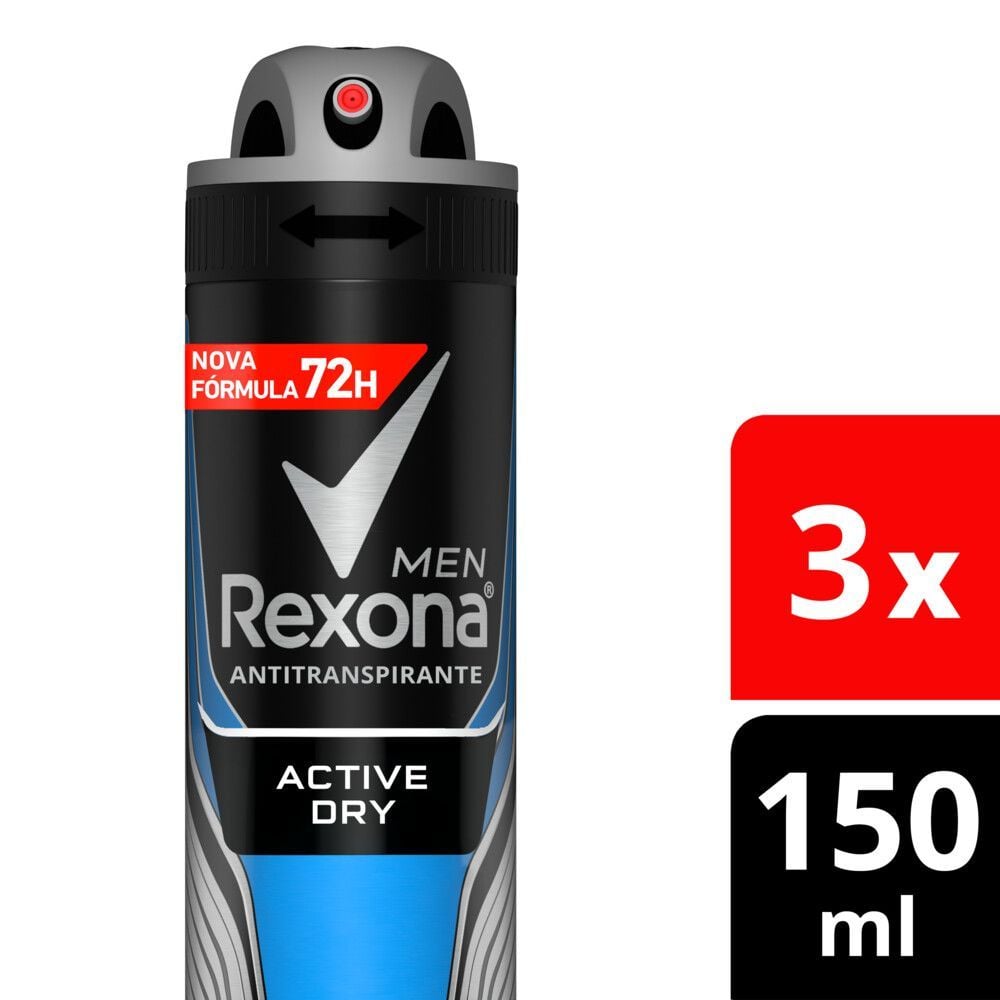 Trio de latas Rexona Active Dry 150ml, proteção 72h