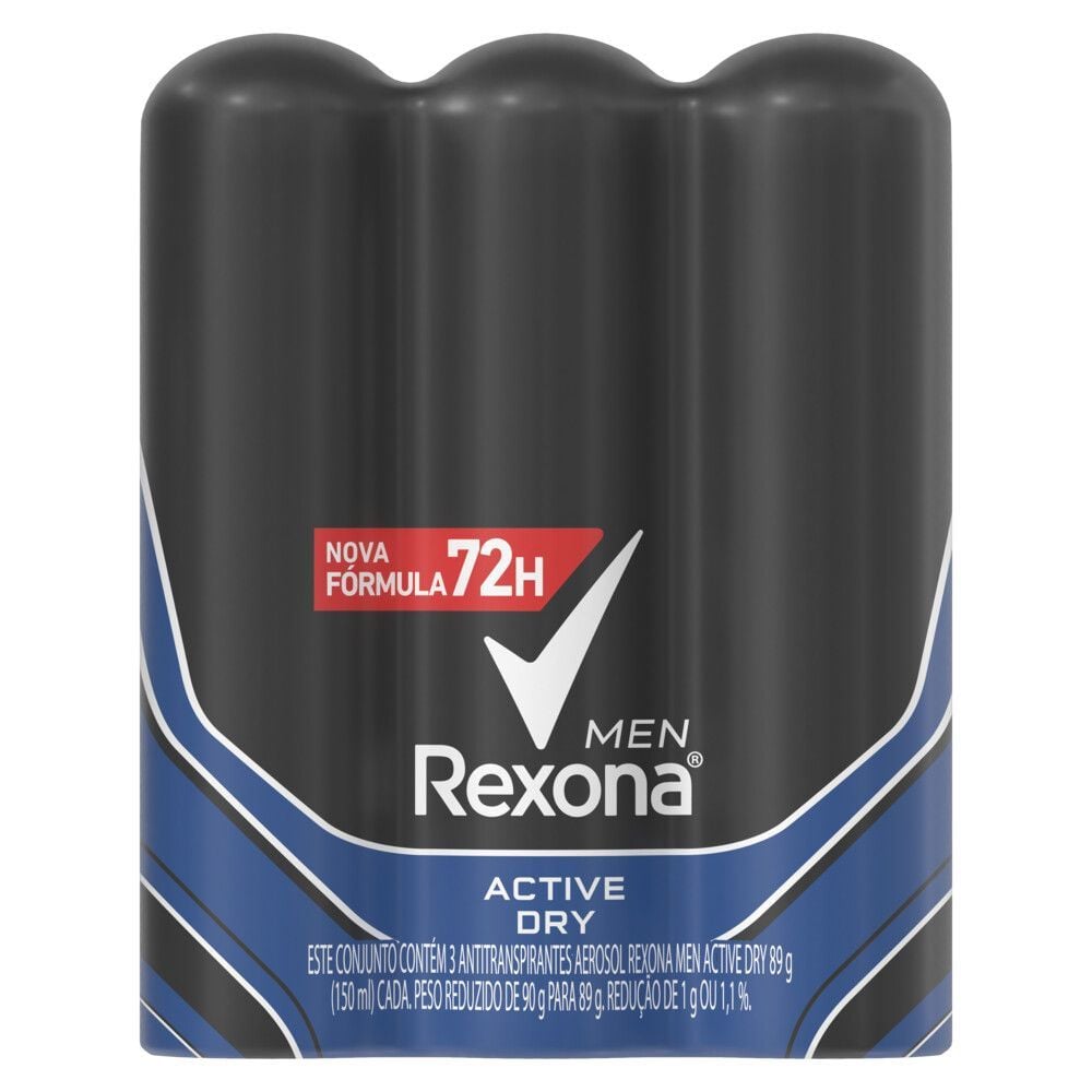 Embalagem com 3 unidades do desodorante Rexona Active Dry
