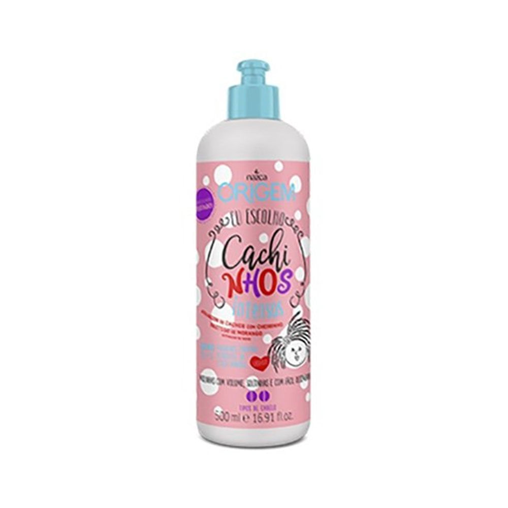 Frontal do Ativador de Cachos Origem Cachinhos Intensos 500ml com rótulo rosa e bico dosador