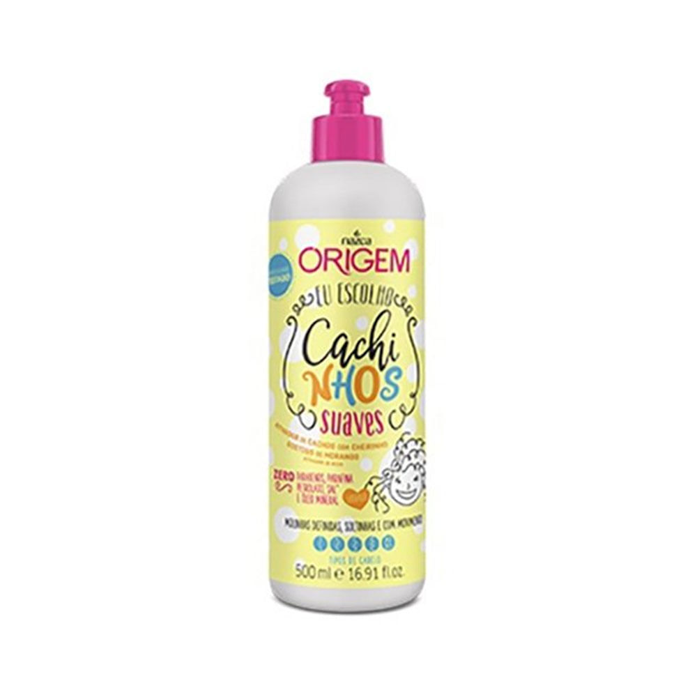 Frasco amarelo do Ativador de Cachos Origem Cachinhos Suaves 500ml com pump rosa