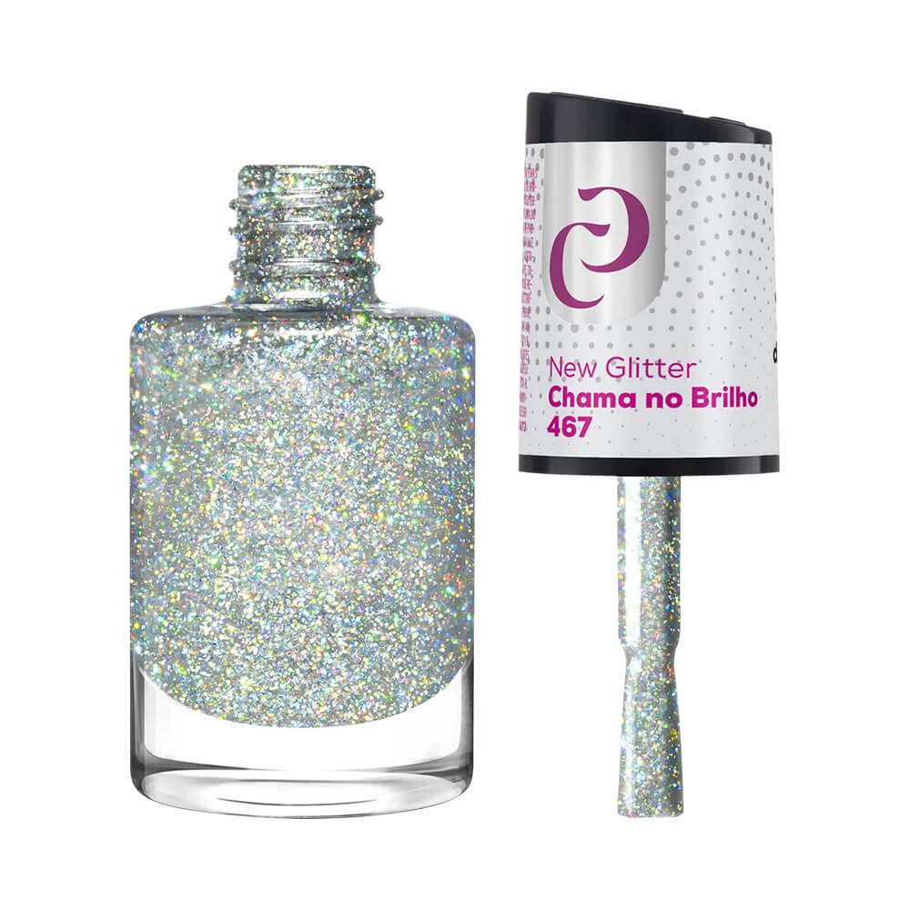 Esmalte Cora New Glitter aberto mostrando pincel e textura do glitter