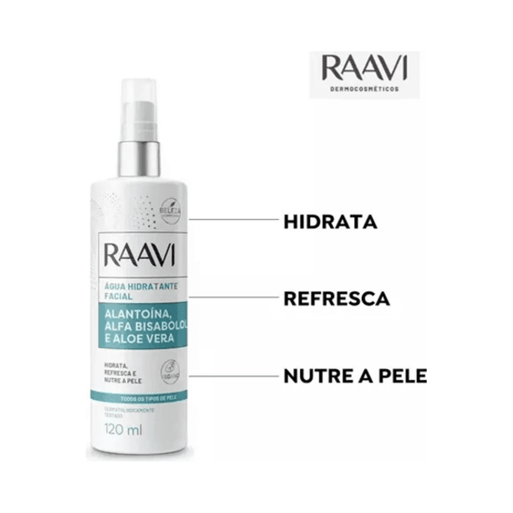 Água Hidratante Facial Raavi 120ml com destaque para ingredientes Alantoína, Aloe Vera e Alfa Bisabolol