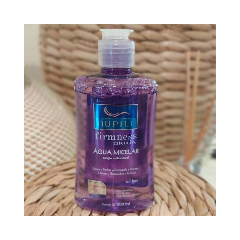 Frasco roxo translúcido de Água Micelar Nupill Firmness 200ml com tampa branca