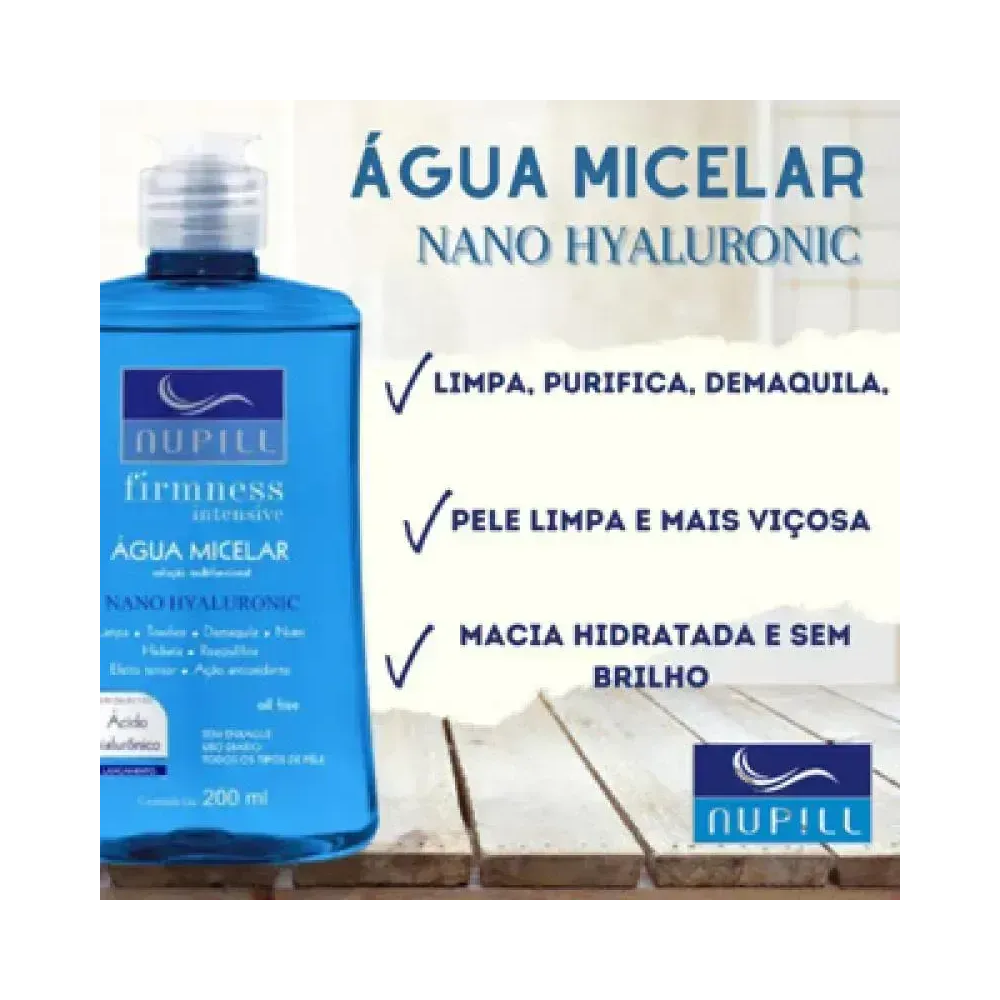 Imagem promocional Água Micelar Nupill Nano Hyaluronic 200ml com benefícios destacados