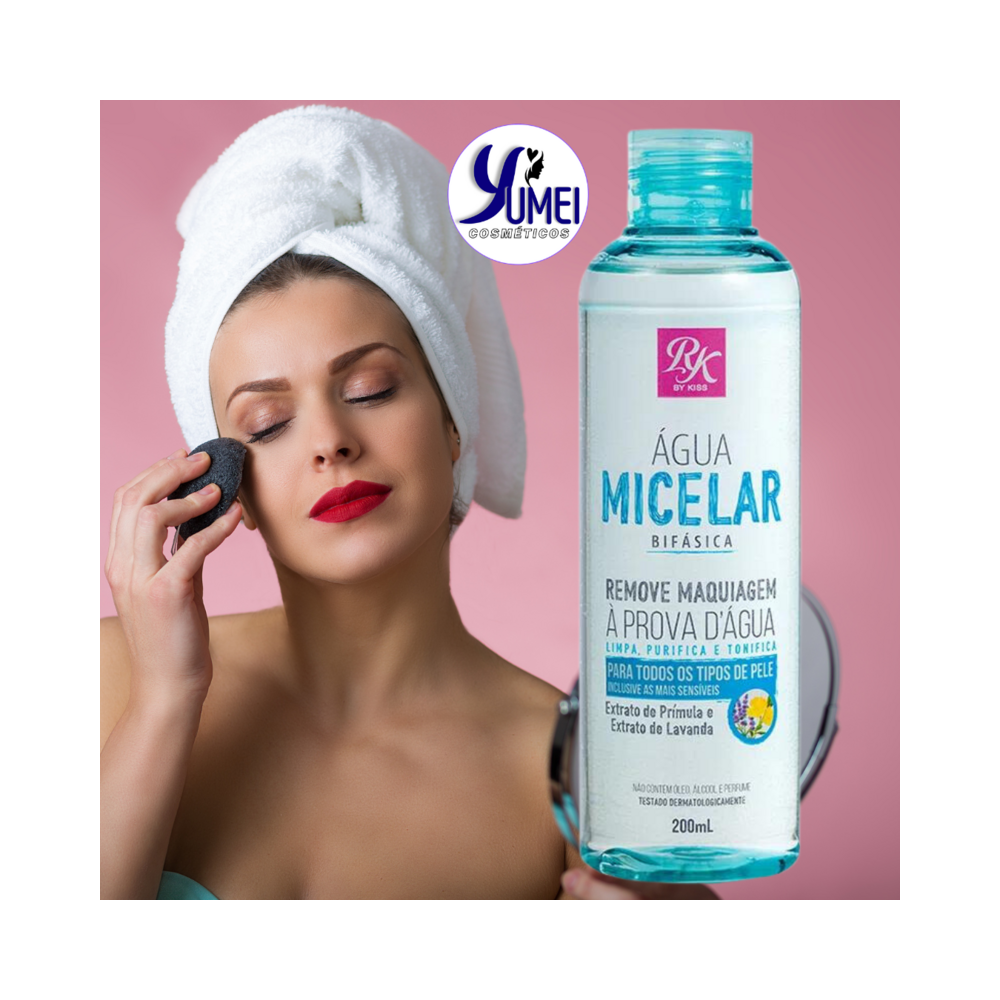 Imagem promocional da Água Micelar RK Bifásica mostrando aplicação com algodão