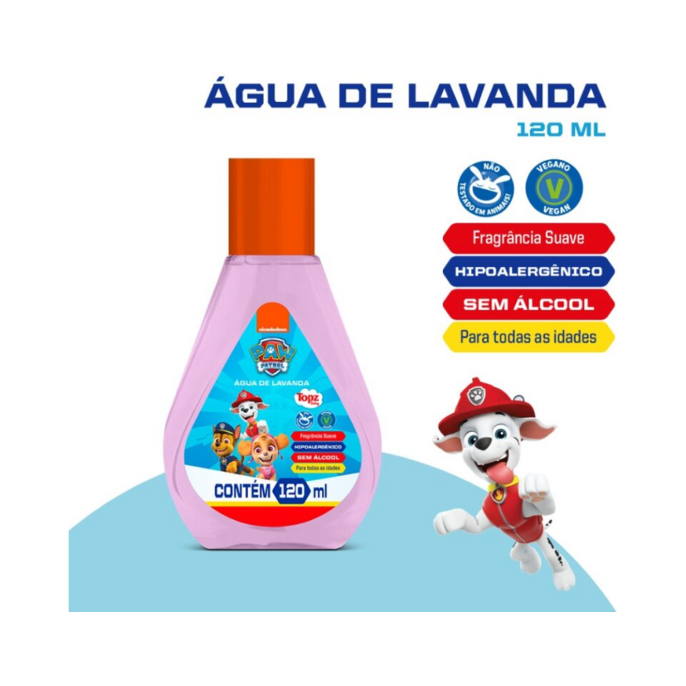 Imagem promocional Água de Lavanda Infantil Topz 120ml com ícones de benefícios