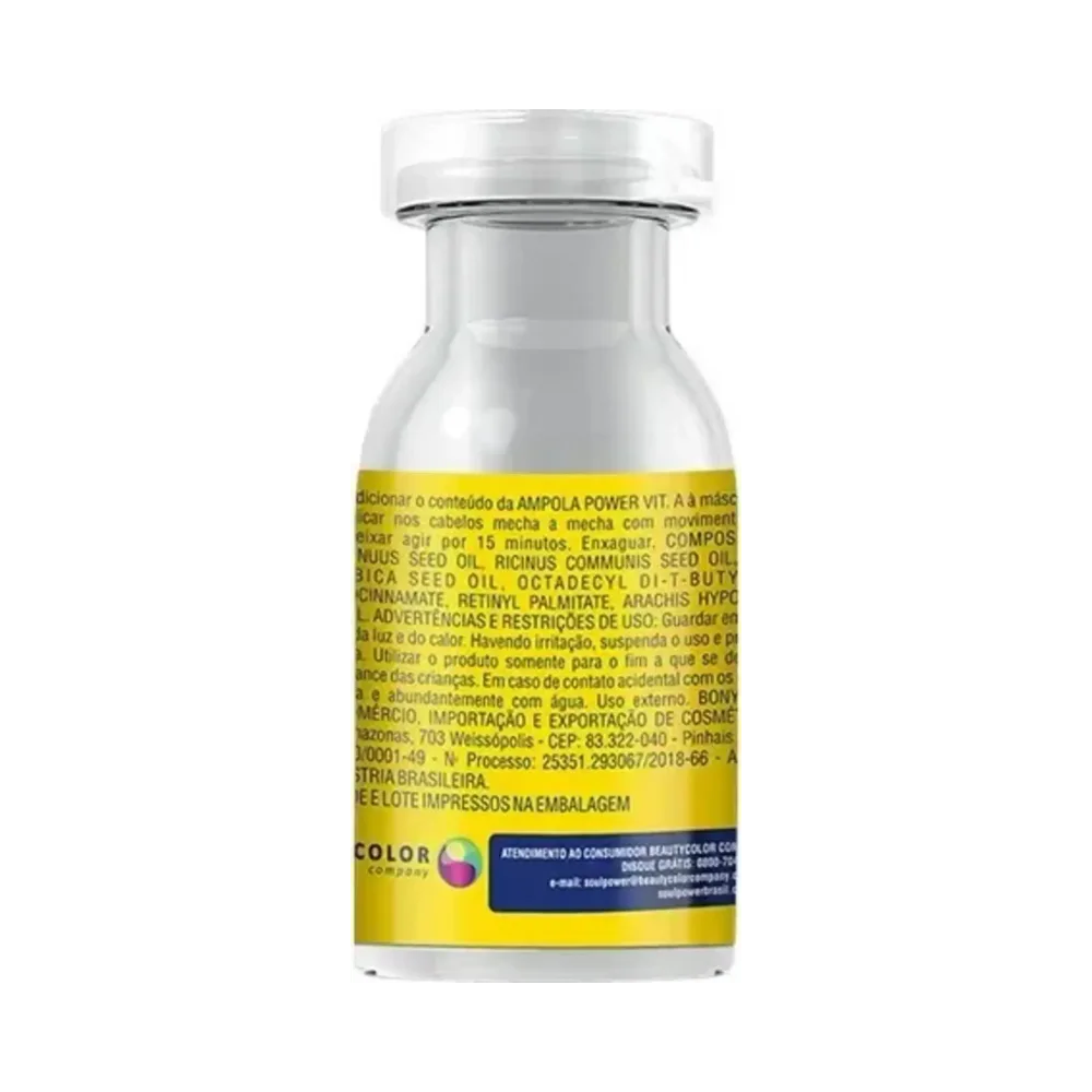 Verso da ampola Soul Power Vitamina A 12ml mostrando ingredientes e instruções no rótulo