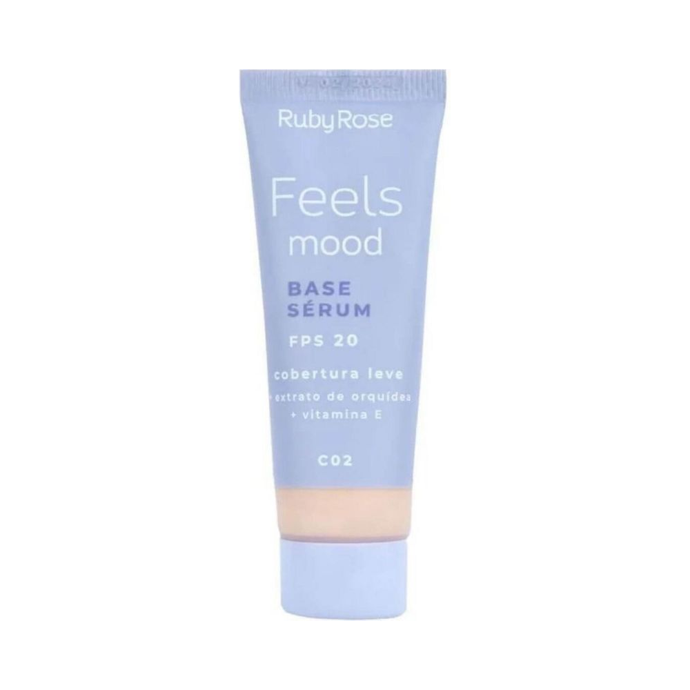 Base Sérum Ruby Rose Feels Mood FPS 20 C02 - destaque da embalagem e benefícios