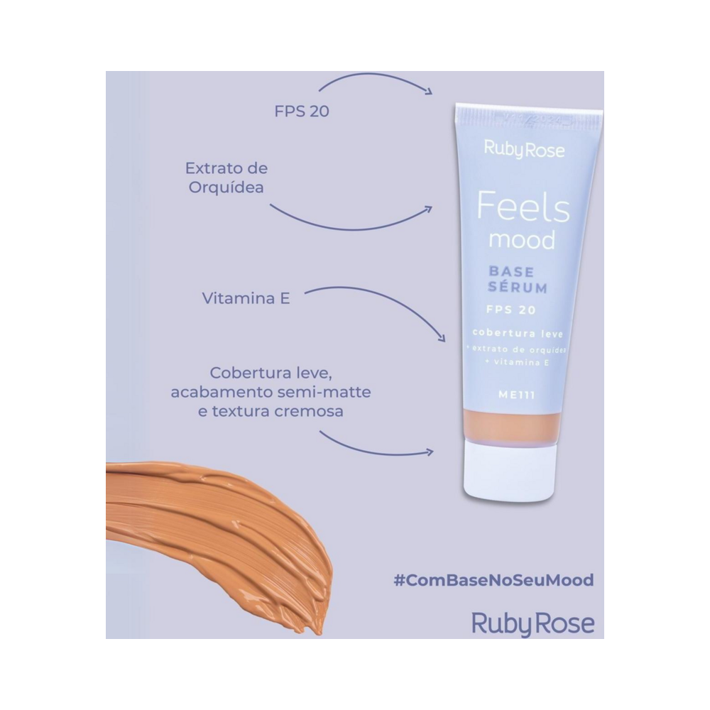 Base Sérum Ruby Rose Feels Mood MC51 - amostra de cor e destaque de ingredientes