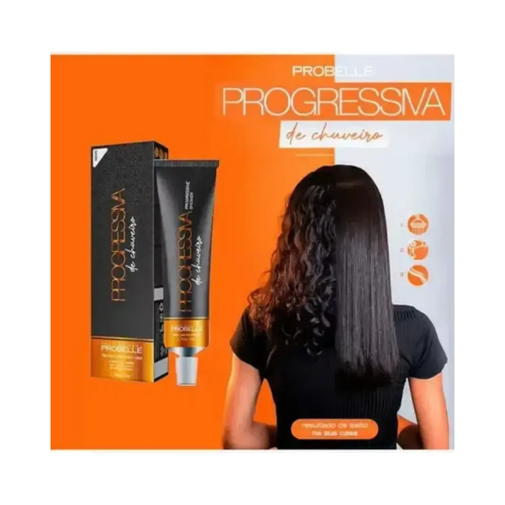 Embalagem do produto ao lado de antes e depois mostrando efeito liso e brilho