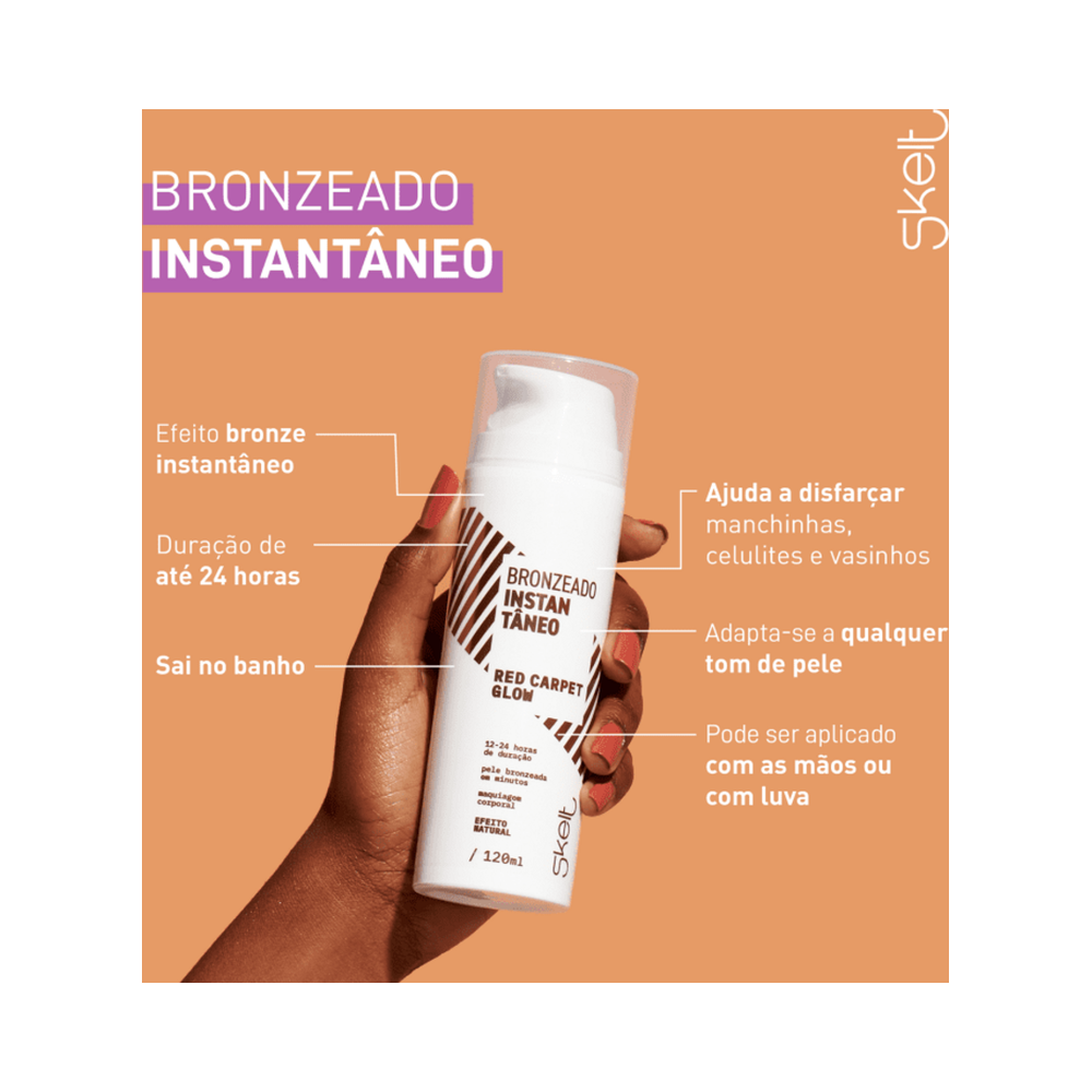 Mão segurando frasco Skelt Red Carpet Glow 120ml mostrando aplicação do spray