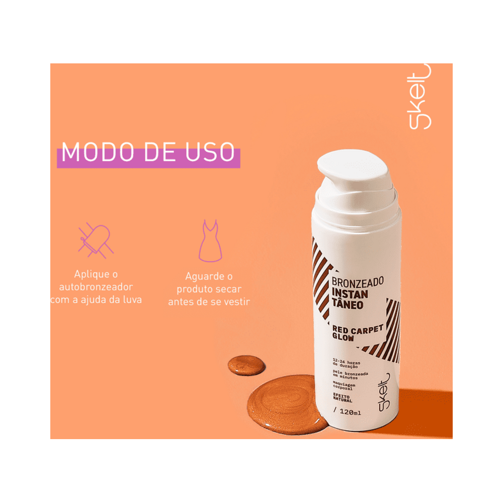 Frasco Skelt Red Carpet Glow 120ml com gotas do produto e instruções de uso