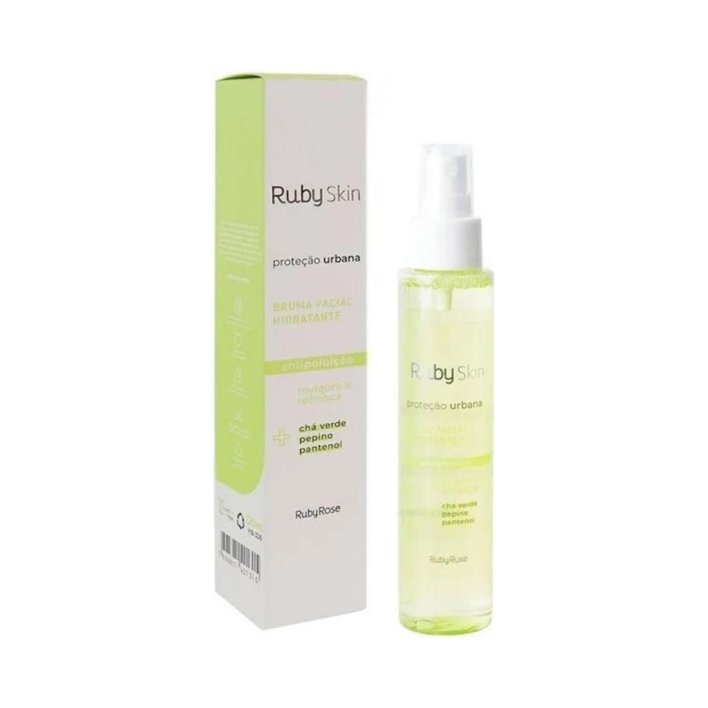 Bruma Facial Hidratante Ruby Rose 120ml com caixa, fundo branco destacando ingredientes e embalagem