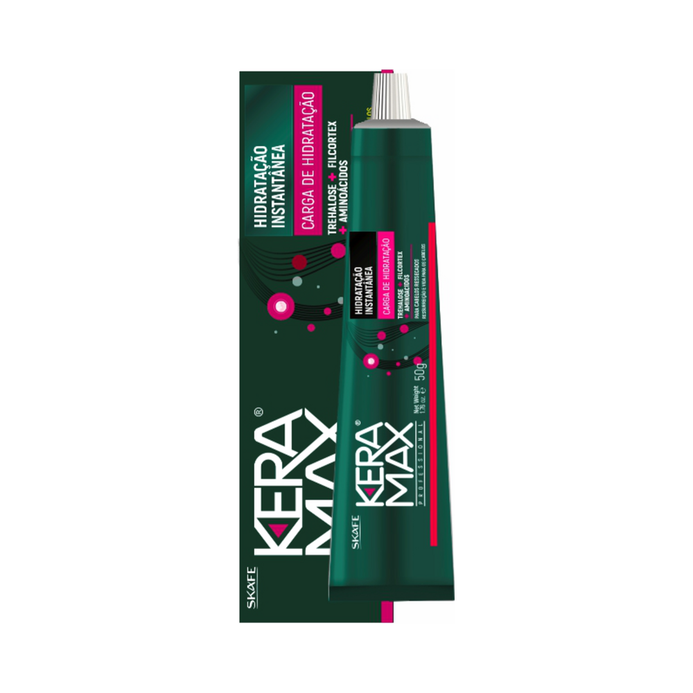 Carga de Queratina Keramax 50g - tubo e caixa mostrando ativos