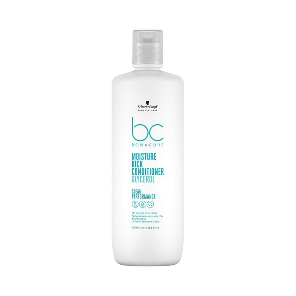 Frasco do condicionador Bonacure Moisture Kick 1L com rótulo destacando glicerol e queratina vegana
