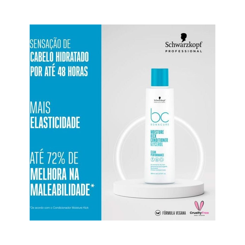 Imagem promocional do Condicionador Bonacure Moisture Kick 200ml destacando benefícios e selo vegano