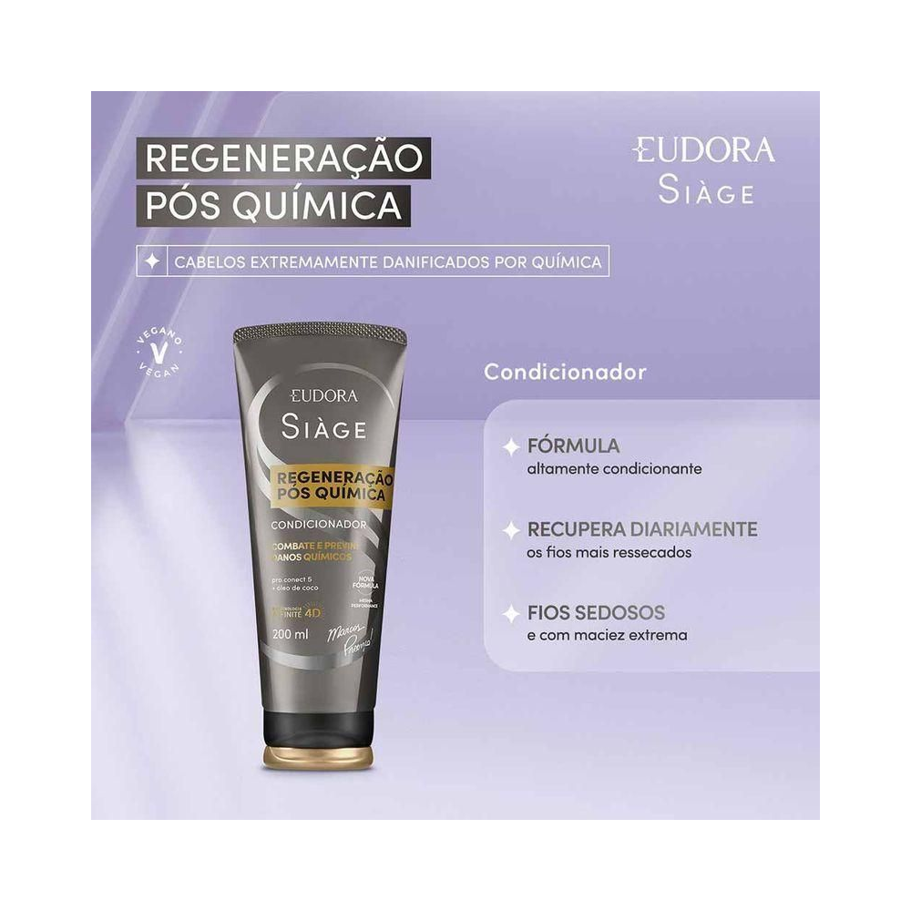 Condicionador Siàge Expert Regeneração Pós Química 200ml em fundo lilás com destaque de atributos