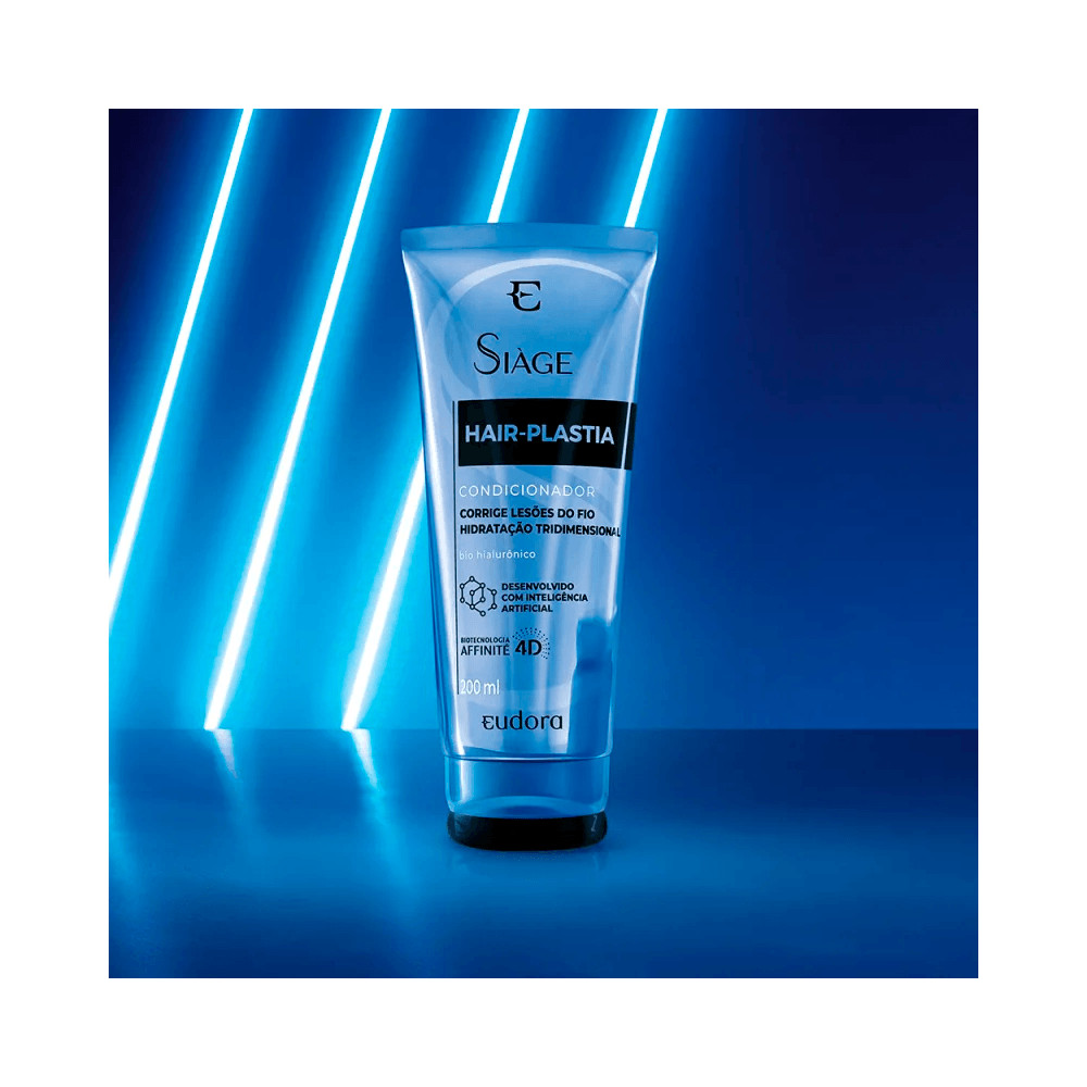 Condicionador Siàge Hair-Plastia 200ml sobre fundo escuro com luzes neon