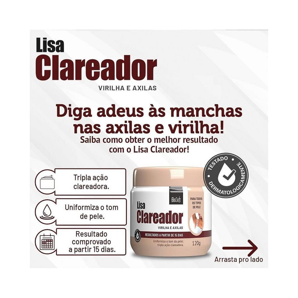 Imagem promocional do Creme Clareador BioSoft mostrando pote e benefícios