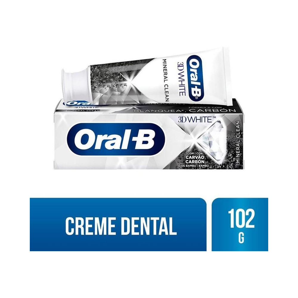 Tubo do Creme Dental Oral-B 3D White Mineral Clean 102g ao lado da caixa