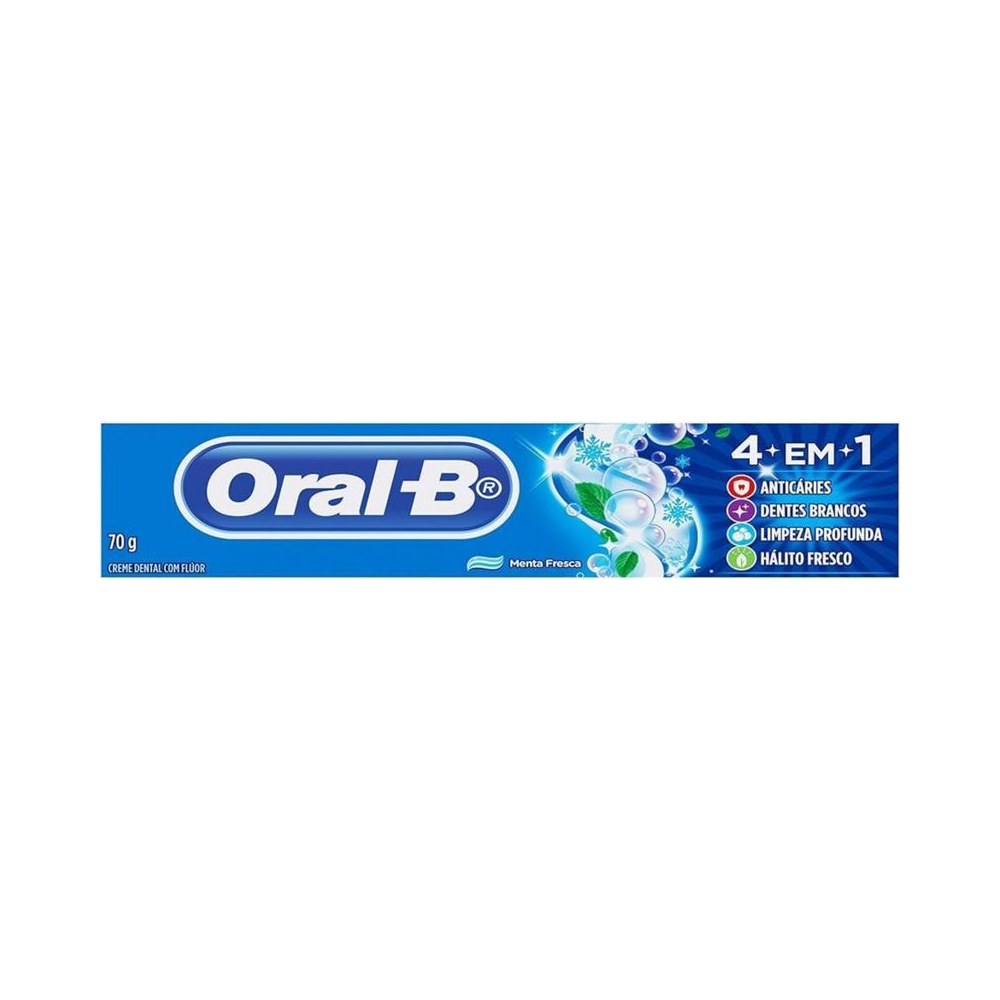 Tubo individual Oral-B 4 em 1 70g destacando flúor e benefícios