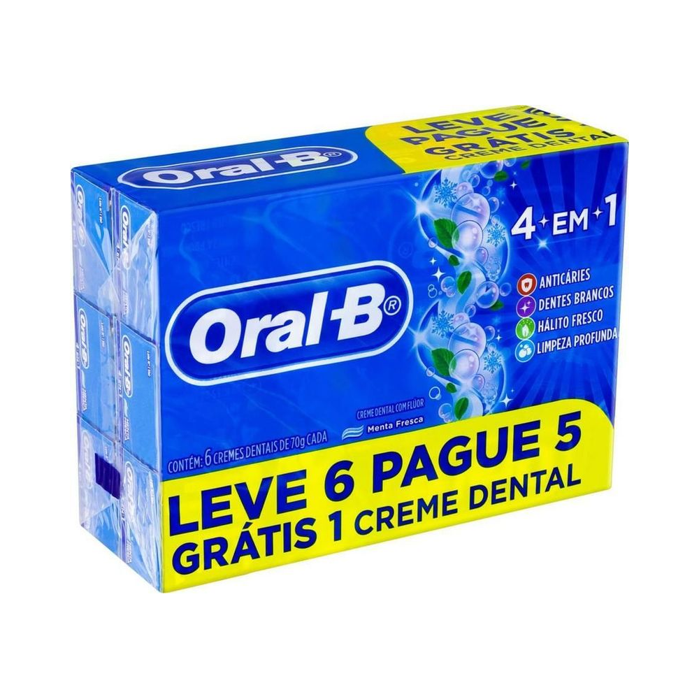 Imagem alternativa do pacote Oral-B 4 em 1 mostrando 6 tubos e destaque para sabor menta
