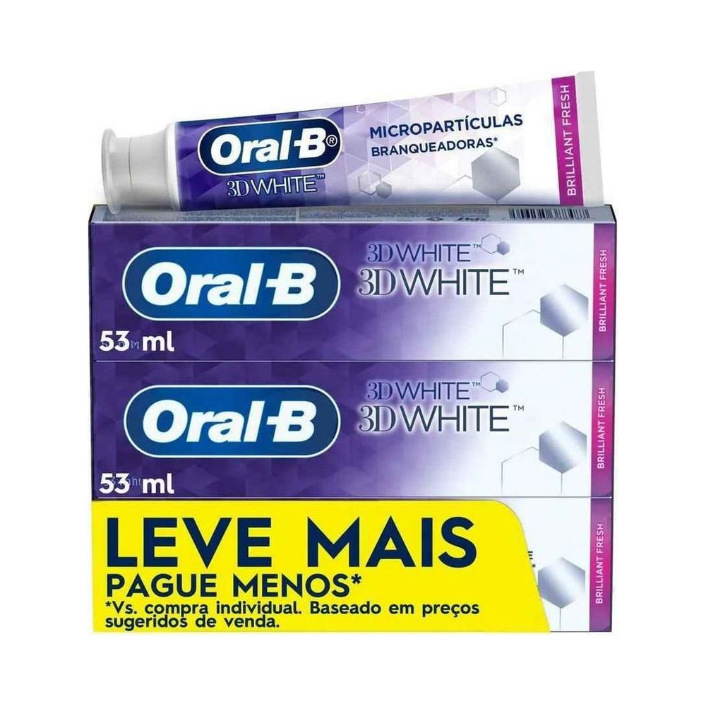 Tubos de creme dental Oral-B 3D White com destaque para micropartículas e sabor Brilliant Fresh