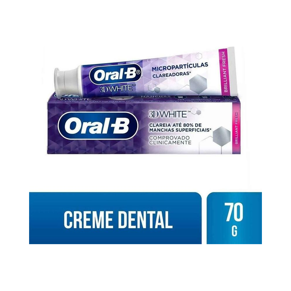 Tubo e caixa Oral-B 3D White Brilliant Fresh - destaque micropartículas clareadoras