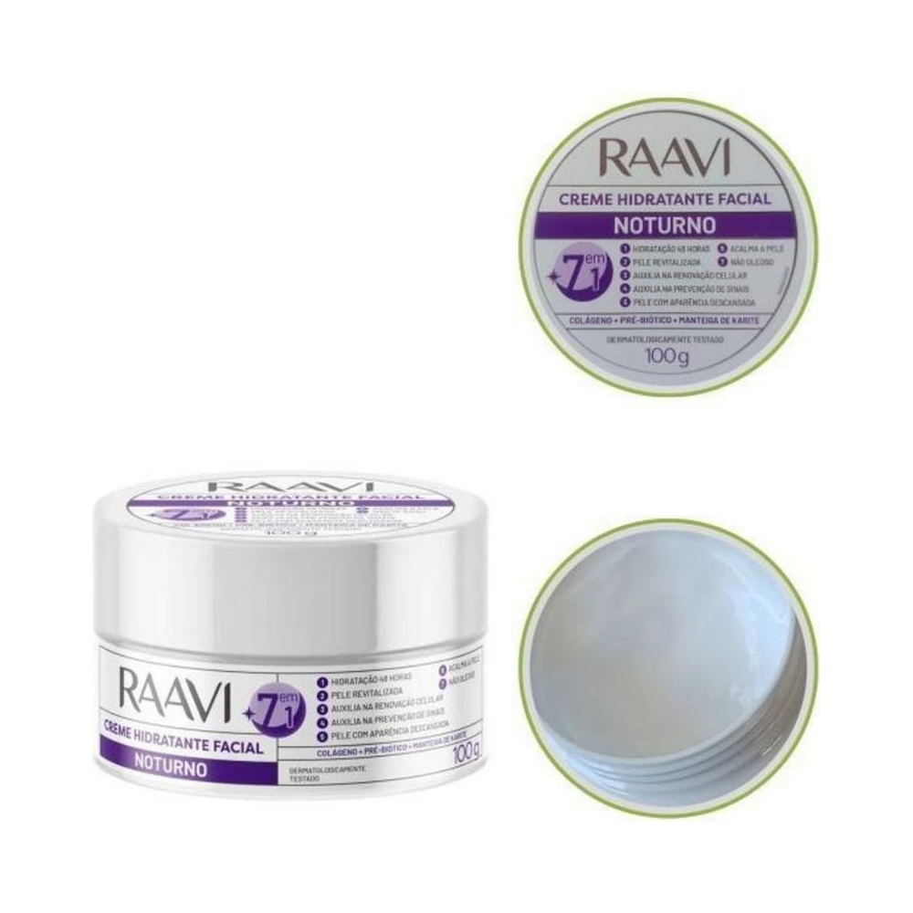 Vistas do pote Raavi 100g mostrando tampa, lateral e textura do creme