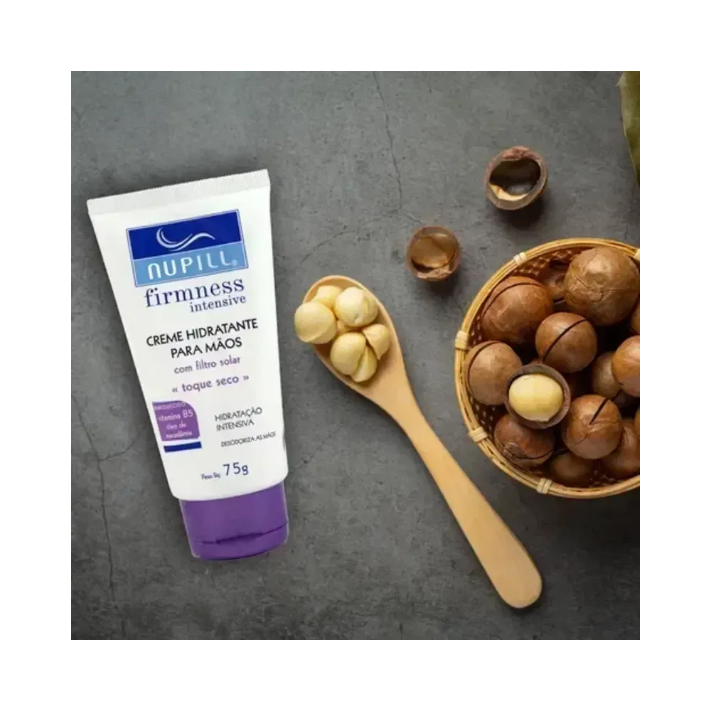 Creme Hidratante Nupill Firmness Intensive 75g com representação do óleo de macadâmia