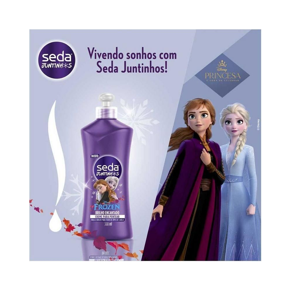 Imagem promocional Seda Juntinhos Frozen com personagens Anna e Elsa e embalagem 300ml