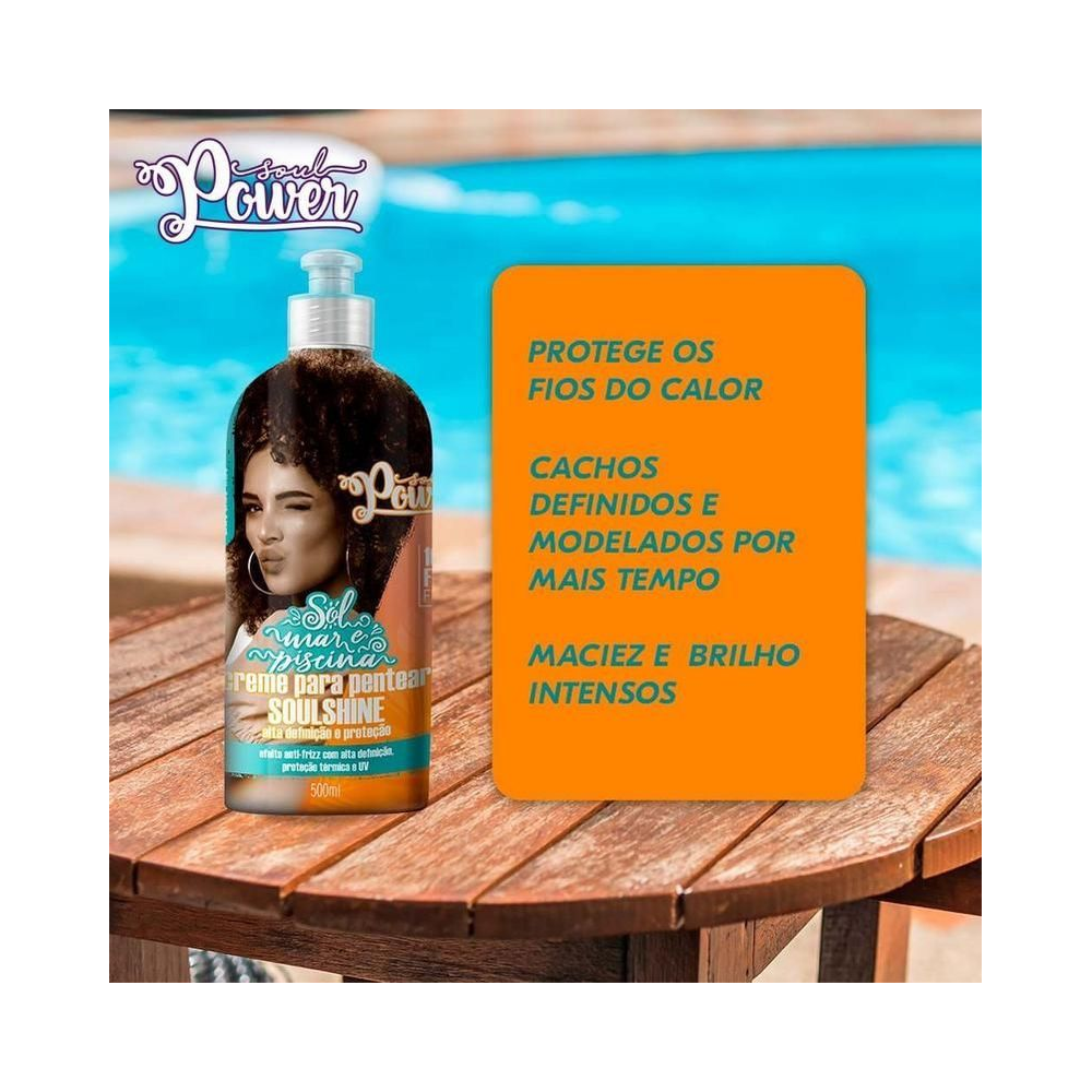 Creme para pentear Soul Power 500ml em ambiente de praia com lista de benefícios