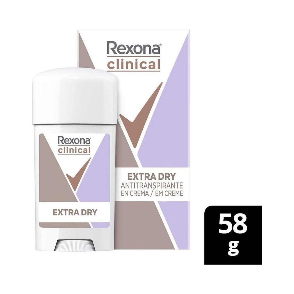 Desodorante Rexona Clinical Extra Dry Creme 58g com embalagem ao lado