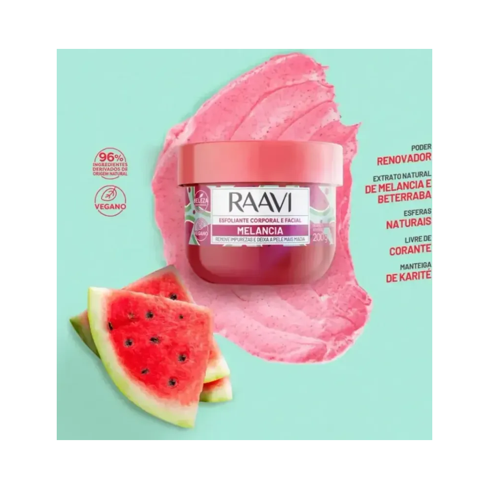 Pote do esfoliante Raavi Melancia com destaque para 96% ingredientes naturais e esferas esfoliantes