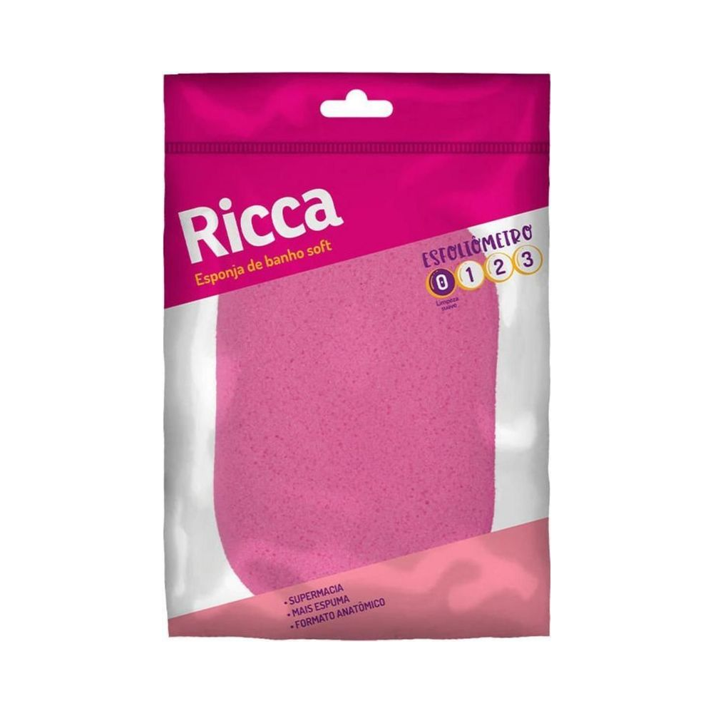 Embalagem da esponja Ricca Colors rosa com informações do produto
