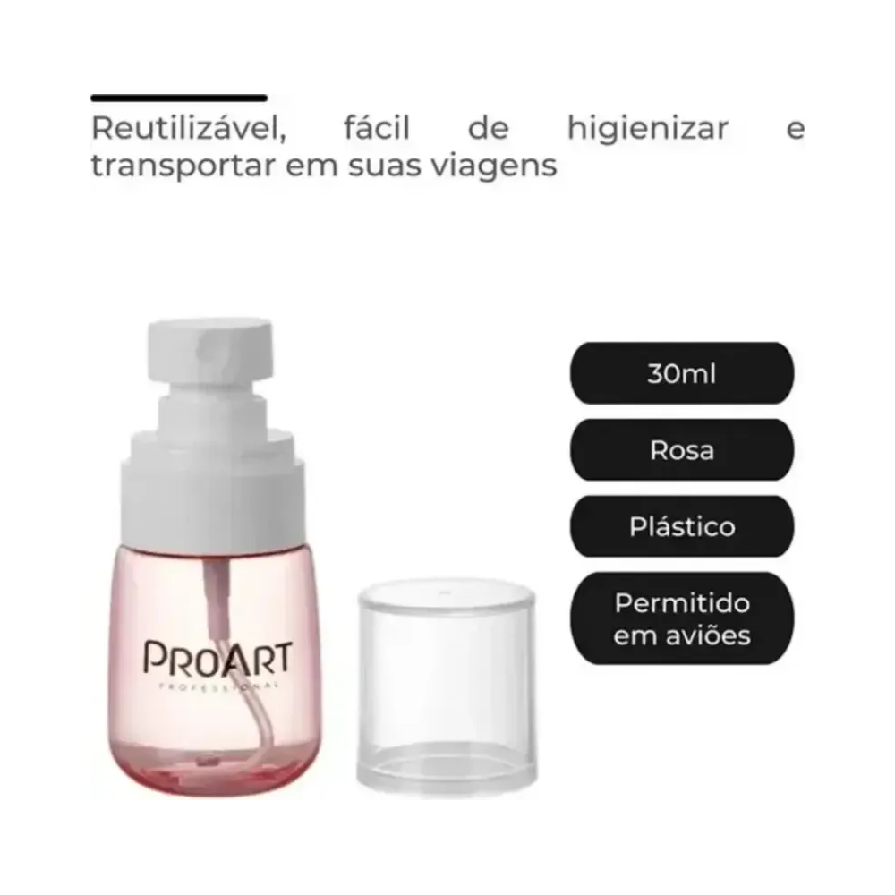 Frasco Spray ProArt Rosa 30ml sem tampa mostrando bico spray e indicação de reutilizável